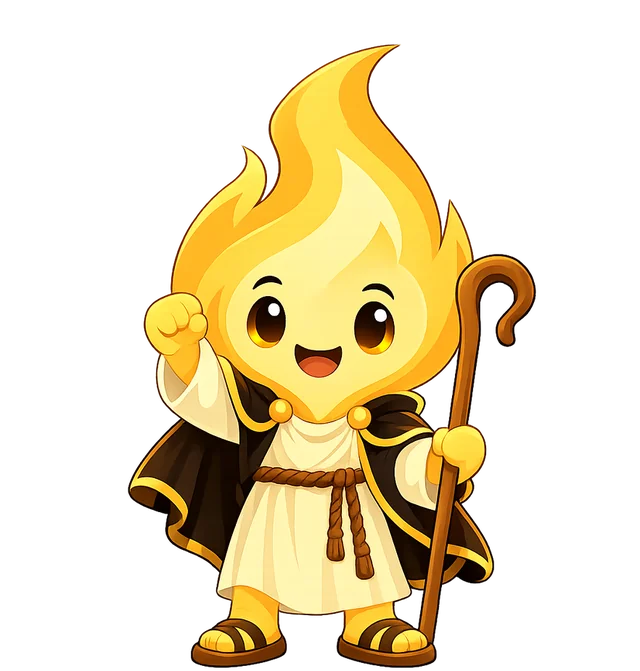 Flamonk mascot standing tall and smiling, one fist raised