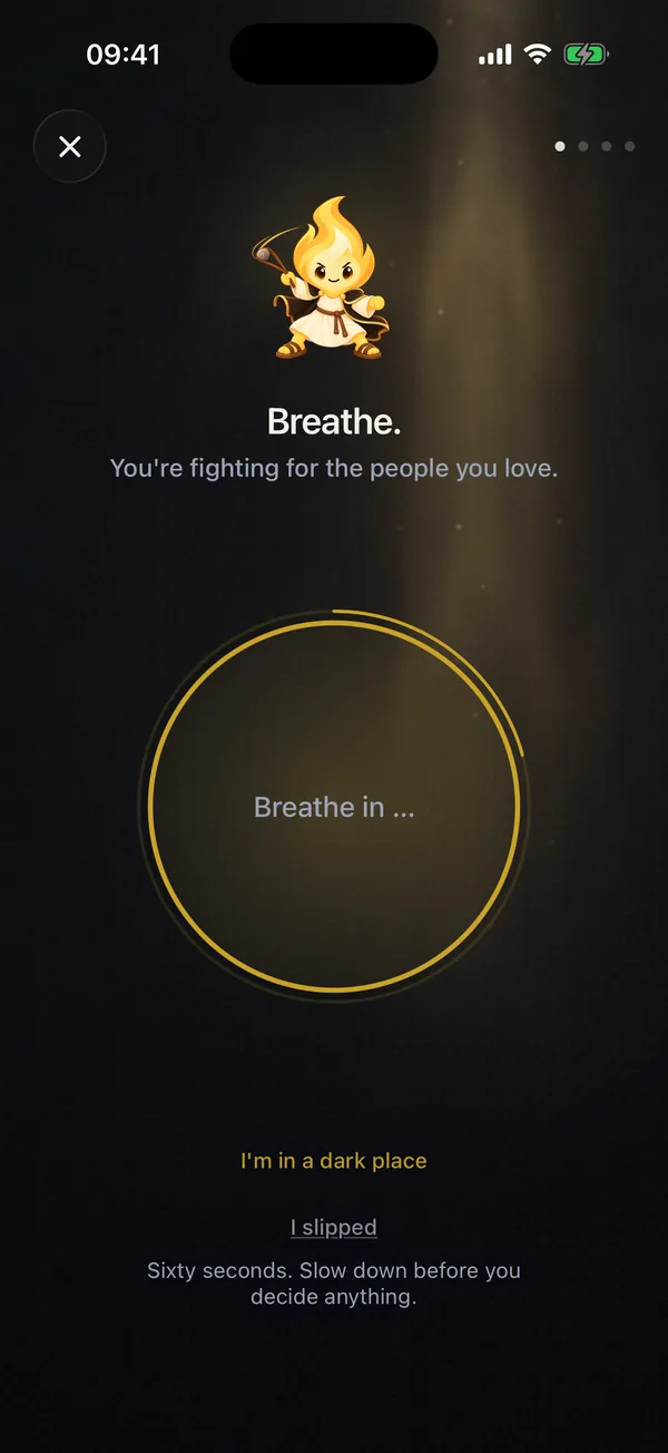 Flamonk ‘Breathe’ screen with a guided breathing circle and the line: You’re fighting for the people you love