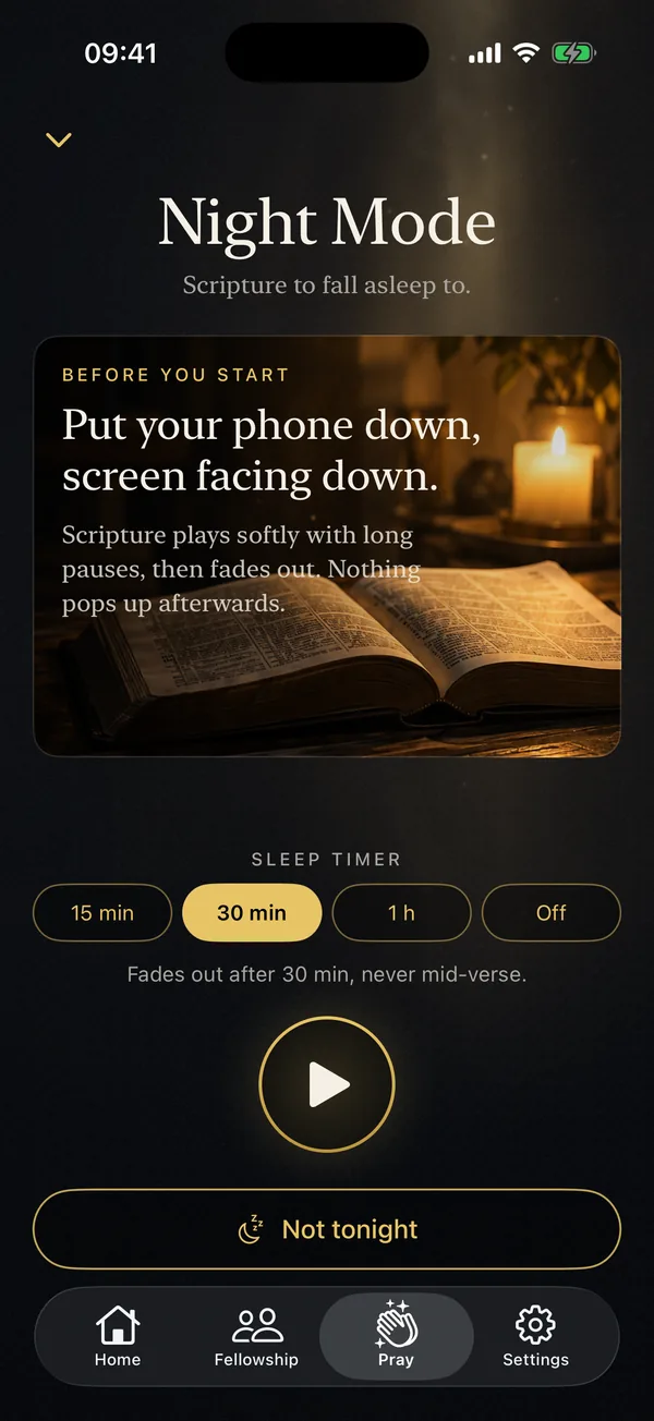 Flamonk Night Mode screen: put your phone down, sleep timer set to 30 minutes, play button