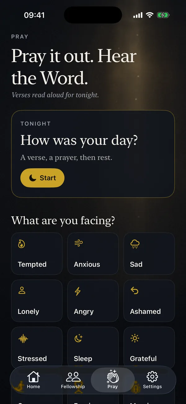 Flamonk Pray tab: How was your day, and a grid of topics such as Tempted, Anxious, Sad, Lonely, Angry and Ashamed